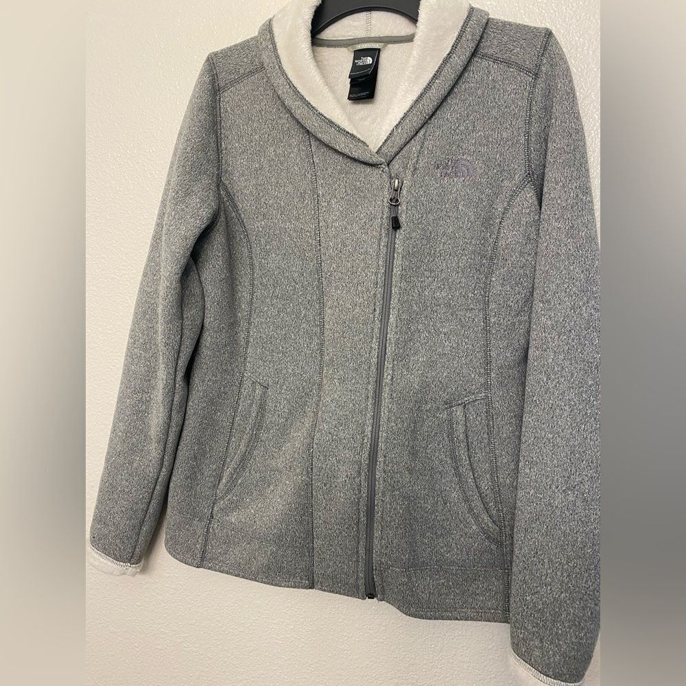 The North Face gray full zip shawl collar polyester fleece lined soft jacket S